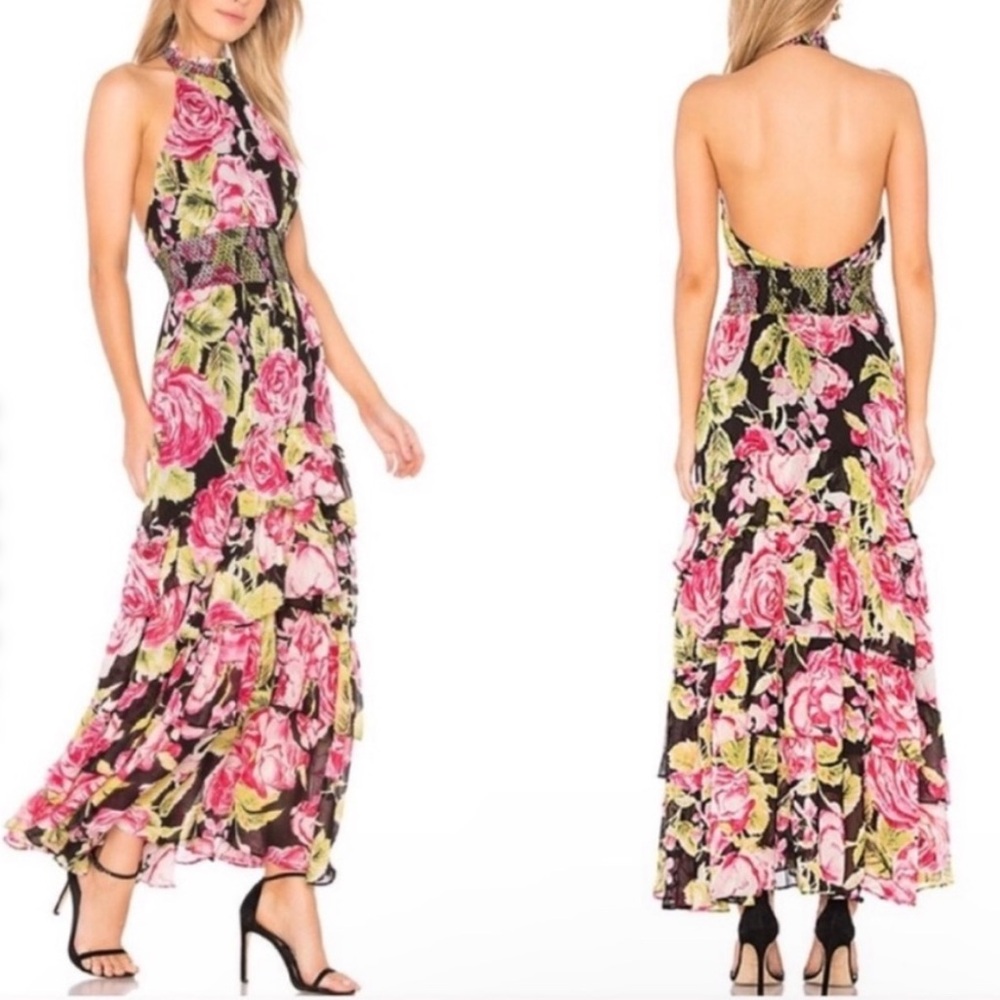 Floral Halter Maxi Dress in Black and Pink